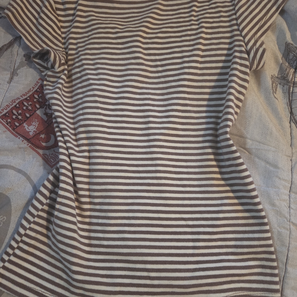Brandy Melville Brown and Cream Striped Short Sleeve Tee